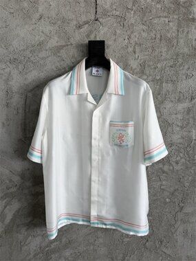 Casablanca Light Blue Striped Short-Sleeved Shirt With Embroidered Figures